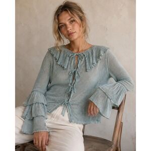 Zara Loose Knit Sweater Sz M Dusty Blue Bows Coquette Fairycore Shabby Chic
